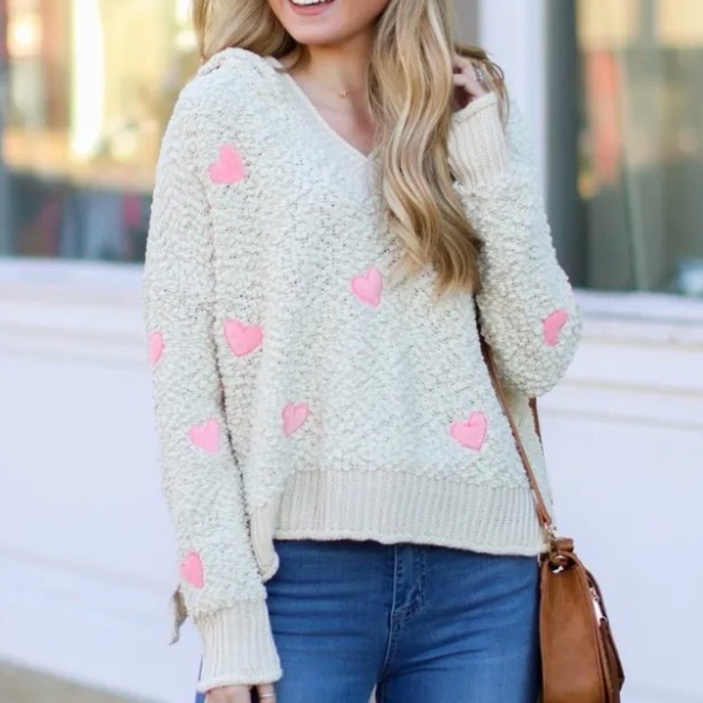 POL Pink Heart Patch Hooded Chunky Knit Sweater